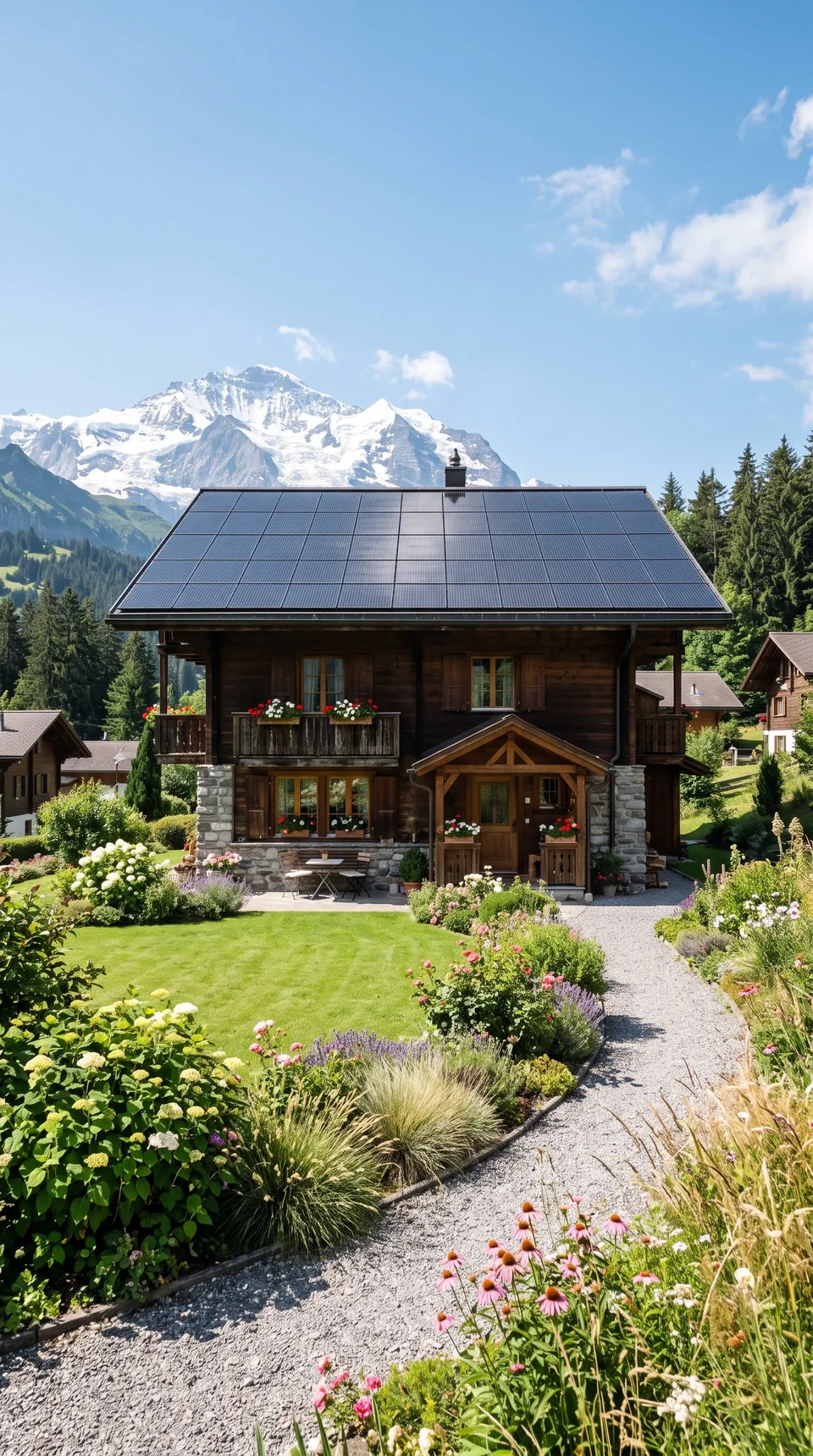 KI-Illustration eines Schweizer Holzhauses mit Solardach und Garten