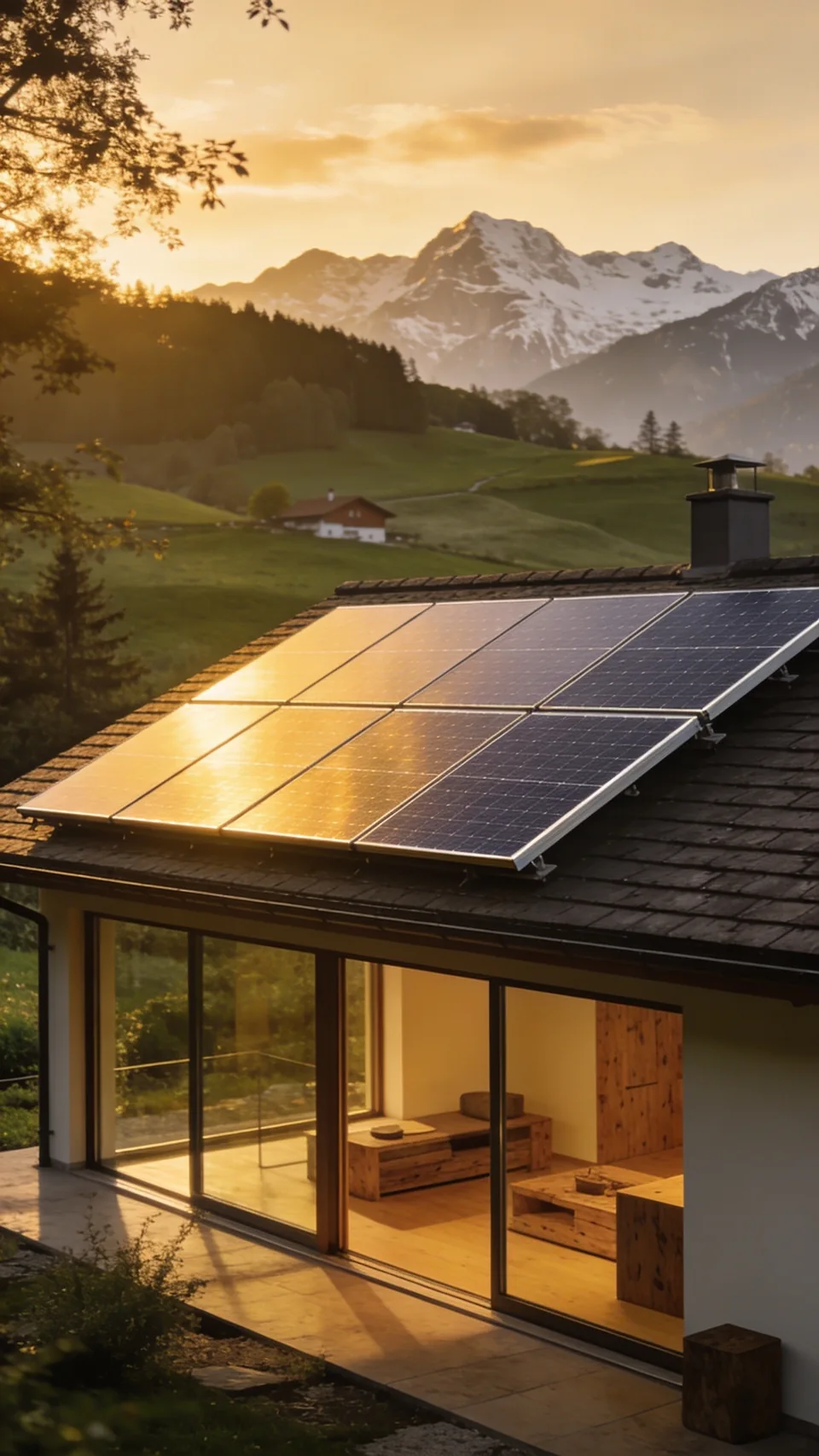 KI-Illustration: Abendlicht fällt auf ein Solardach vor einer Schweizer Berglandschaft